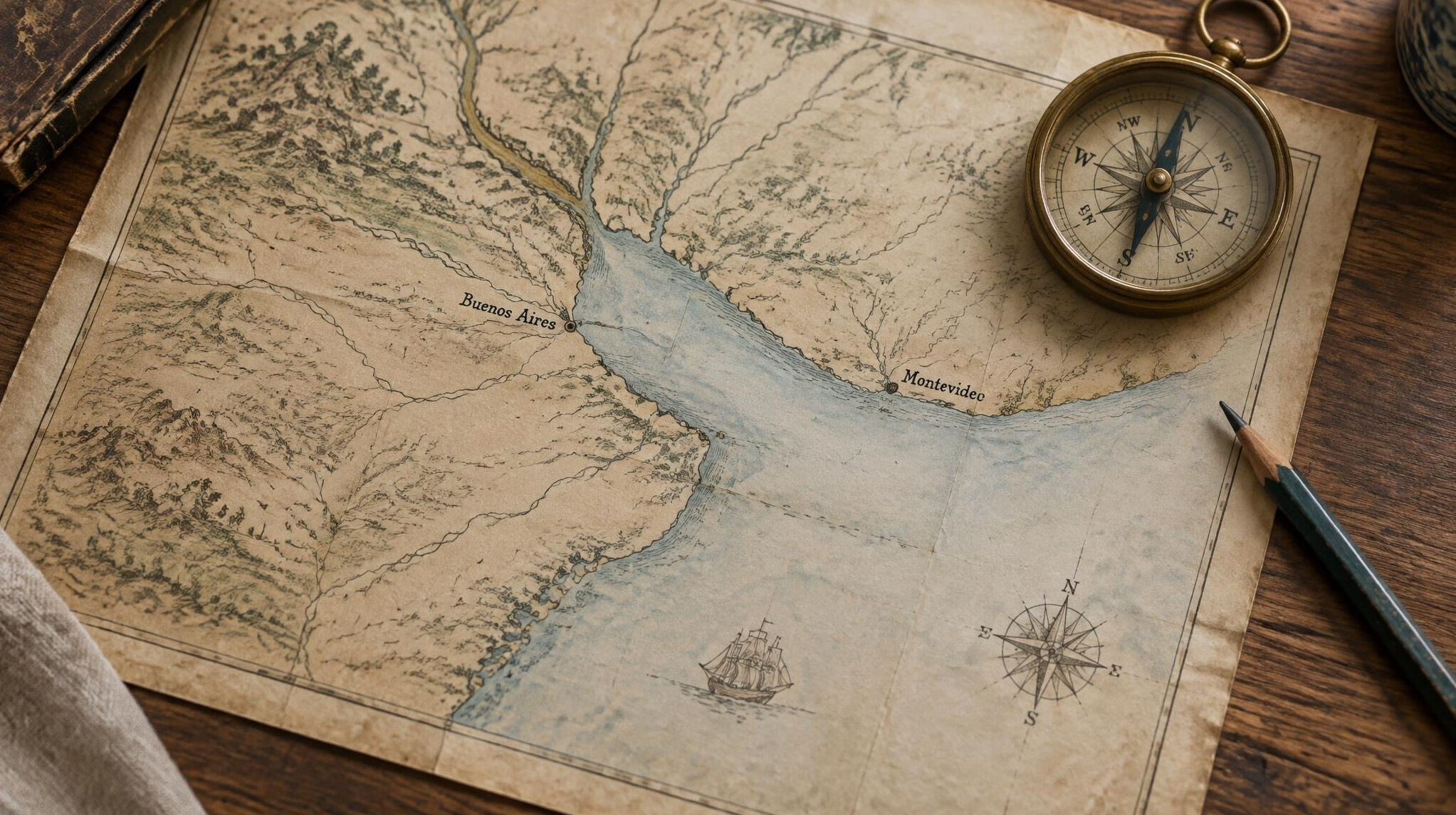 Vintage map of the Rio de la Plata region with compass on a table