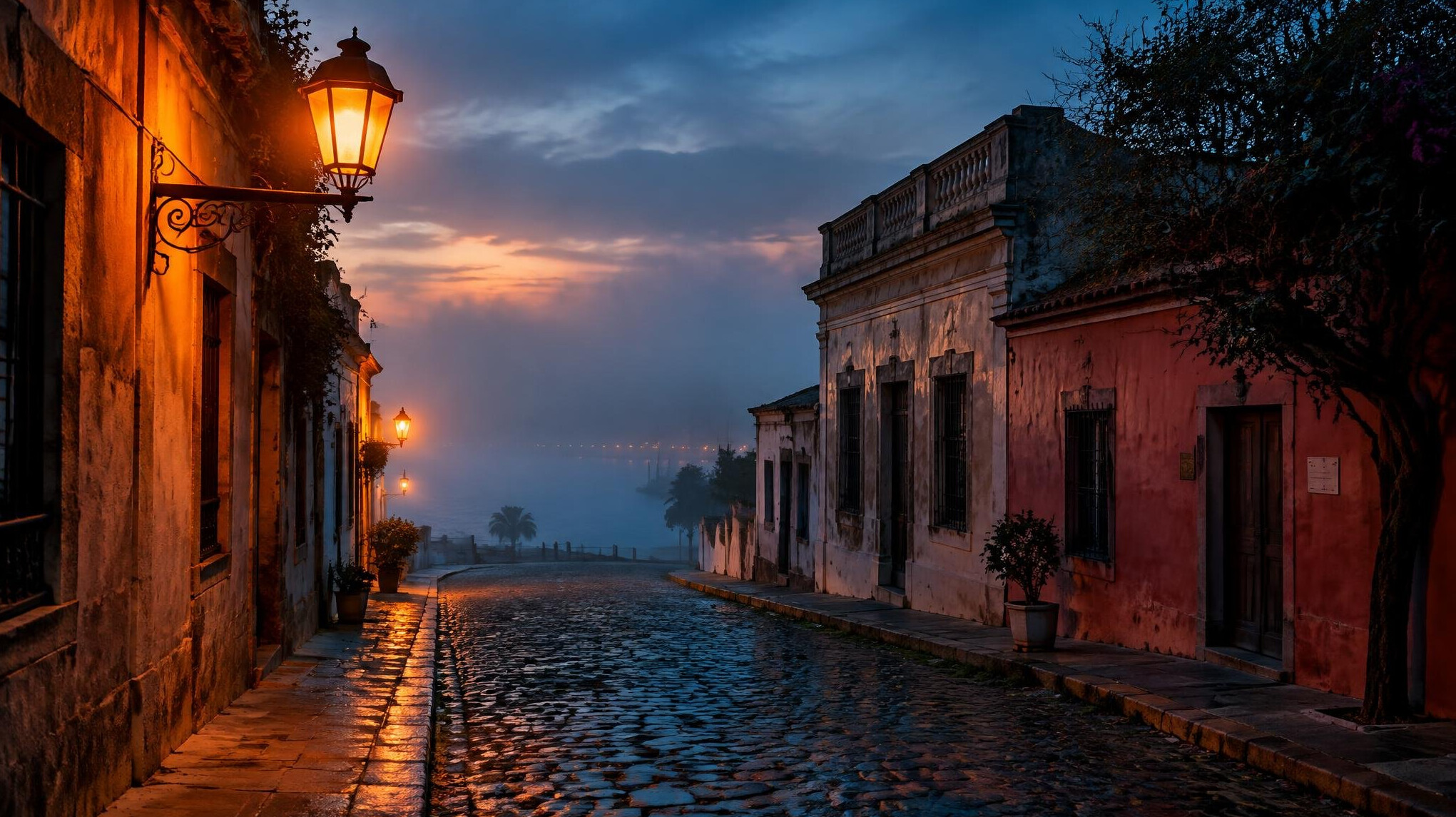 Foggy old Montevideo street at dusk with a vintage street lamp and cobblestones