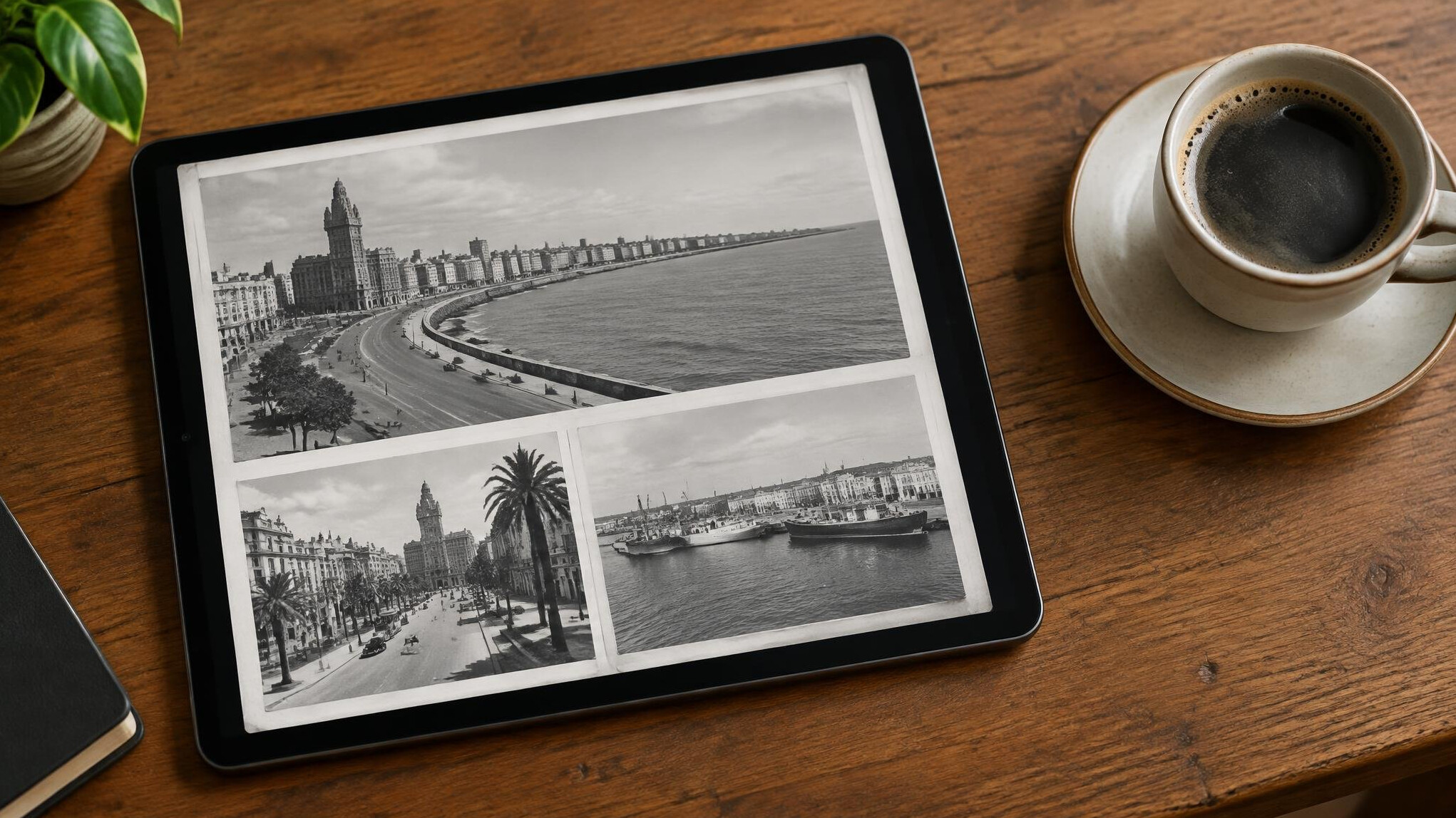 Tablet displaying scanned old photographs on a wooden table