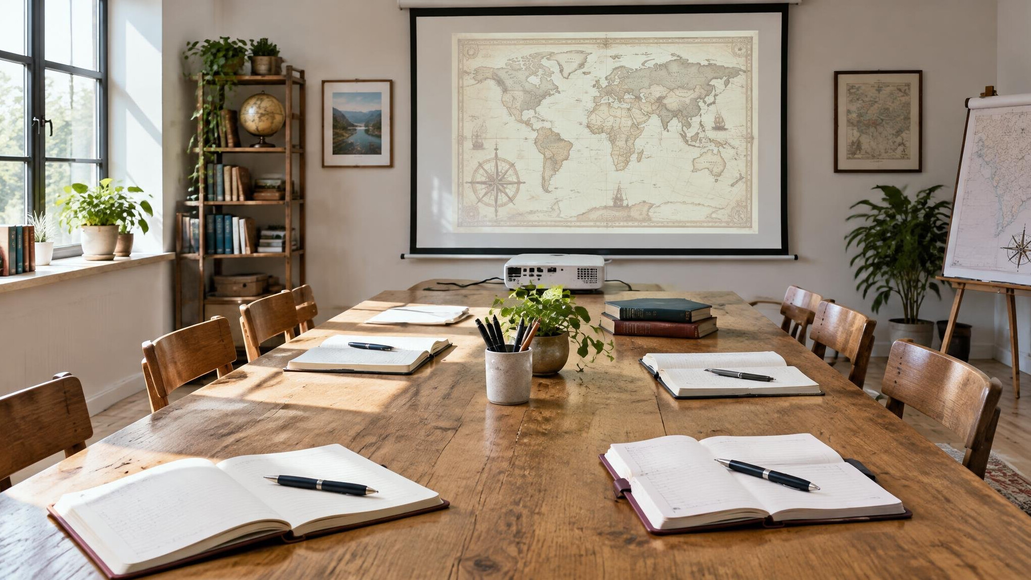 Empty workshop room with long table, notebooks and projector screen