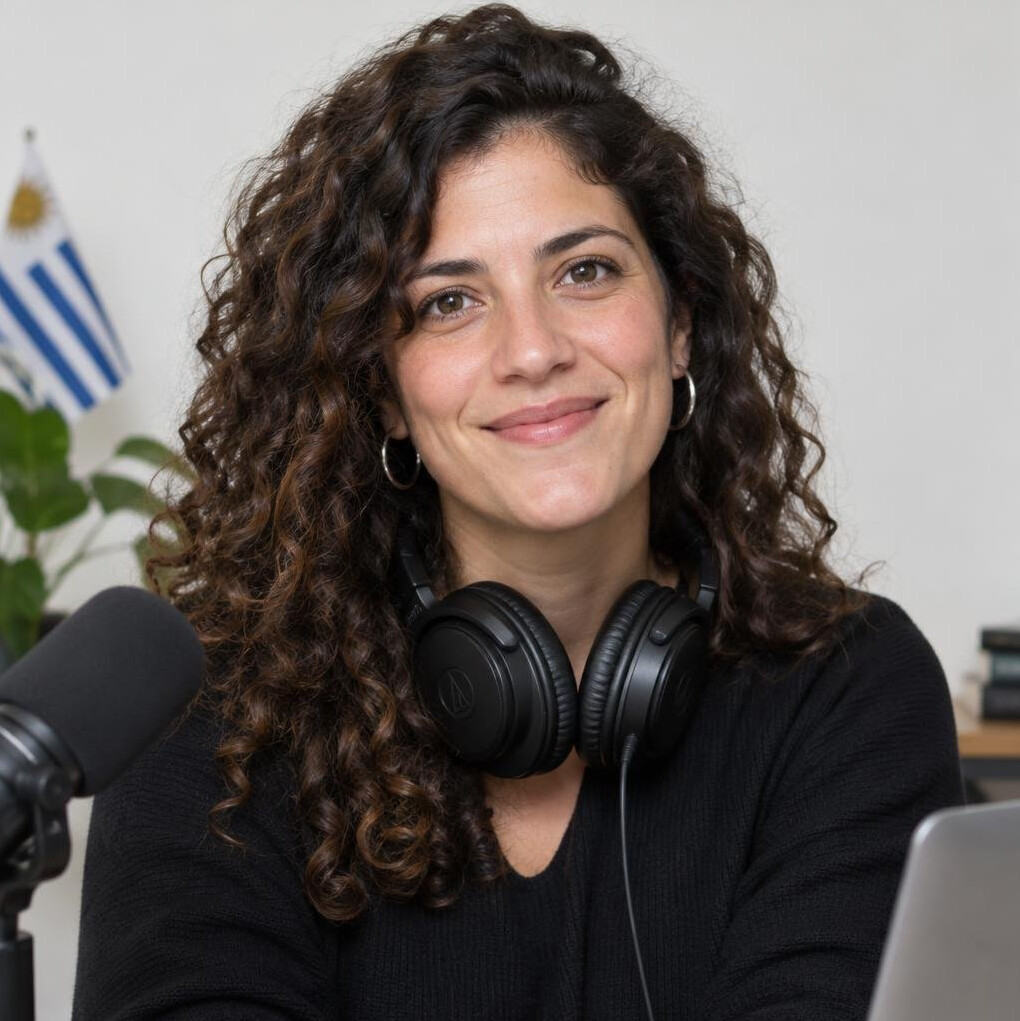Portrait of a young Latin American woman podcast producer with headphones around her neck