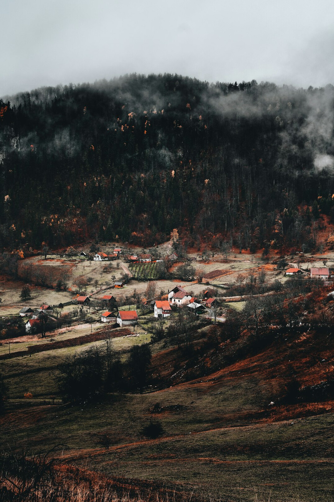 dark foggy mountain village